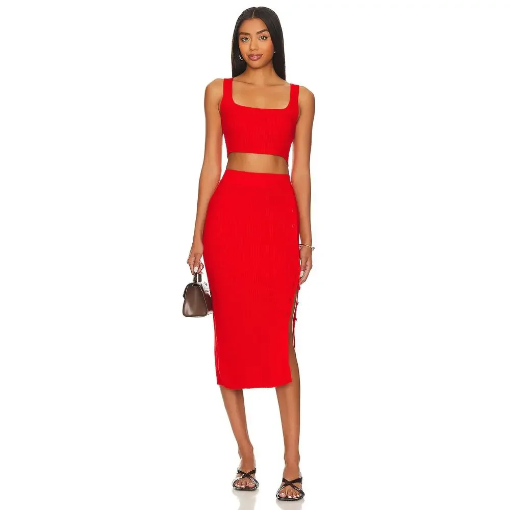 Lita by Ciara NWT Side Button‎ Rib Skirt Fiery Red Size Small MSRP $228